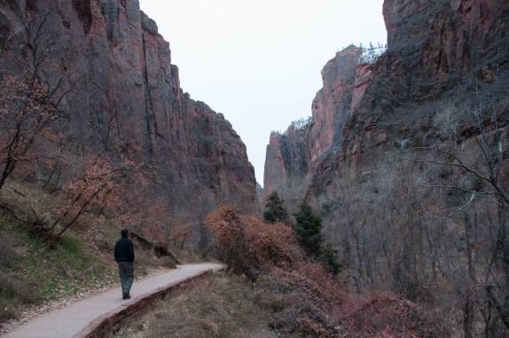 Caminhada pelo canyon no fundo do Zion National Park, em Utah, nos Estados Unidos